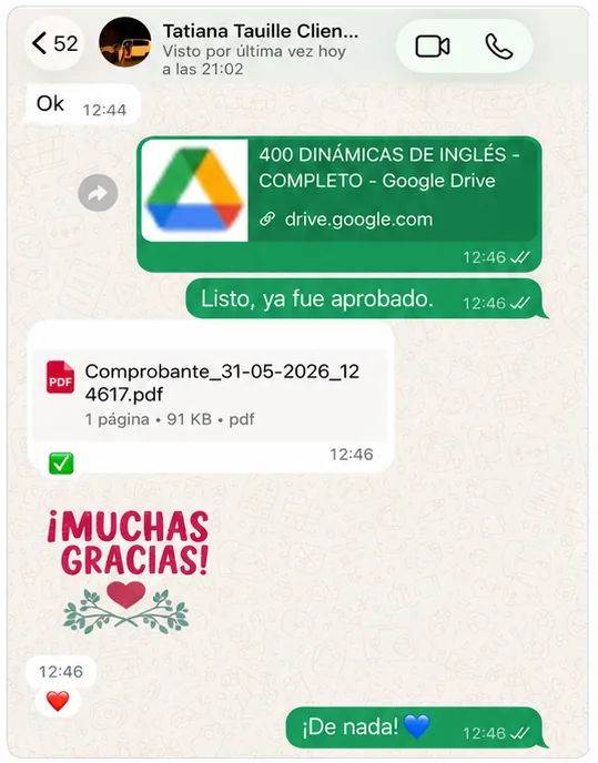 Entrega del material a Tatiana por WhatsApp